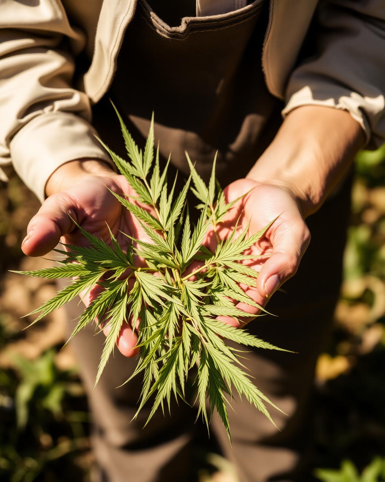 Hands holding fresh hemp